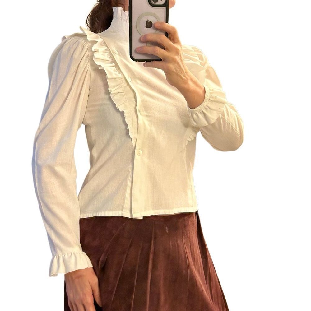 Vintage 70s Prairie Victorian Ruffles Puff Sleeve High Neck Bib Cottagecore M - Picture 8 of 16